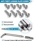 Anti-theft license plate screws with stainless steel material, anti-corrosion feature, and M6 anti-theft screwdrivers shown.