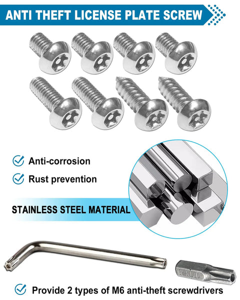 Anti-theft license plate screws with stainless steel material, anti-corrosion feature, and M6 anti-theft screwdrivers shown.