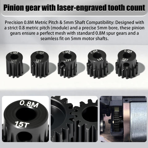 5Pcs 0.8M Hardened Steel Pinion Gear Set With 5mm Shaft 11T 12T 13T 14T 15T Includes M4 Screw And Hex Key For 1/10 Scale RC Cars