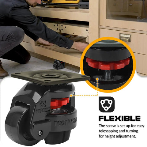 Close-up of Beefy Heavy Duty Leveling Casters Set Of 4 With 110 Lb Per Wheel Capacity, 440 Lb Total Load showing flexibility.