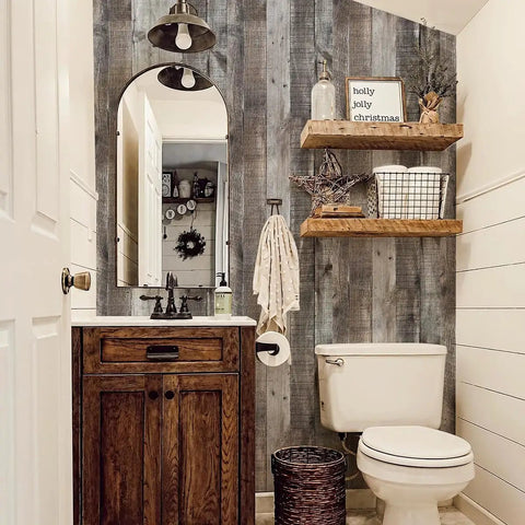 Gray Shiplap Peel And Stick Wallpaper Wood Contact Paper For Walls And Countertops Easy Install Self Adhesive Durable Distressed Look 14.75 Sq Ft Roll 17.7 In By 118.1 In Rustic Woodgrain Finish Home Makeover shown in a bathroom setting with decorative shelves.