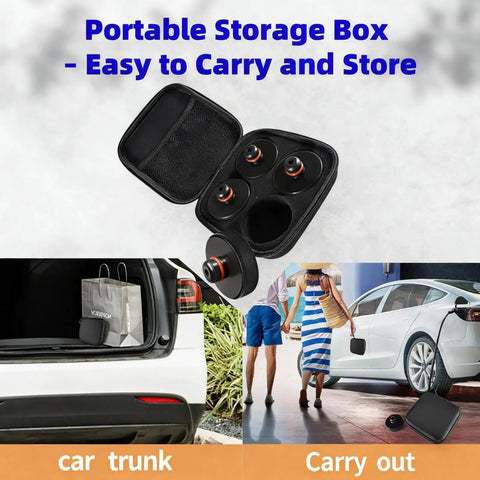 Heavy Duty Jack Pads For Tesla Models 3 S X Y With Juniper Style 4 Pucks And Storage Case displayed with trunk and transport use