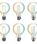 Smart LED Vintage Glass Filament G25 Bulb 40W Equivalent Tunable White 2200K To 6500K Bluetooth WiFi 2.4GHz No Hub Needed Works With Alexa And Google Home 6 Pack
