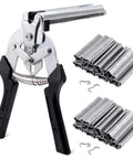 Heavy Duty Hog Ring Pliers Kit With 1200 Galvanized M Clips Pro Grade Manganese Steel Hand Tool for upholstery and fence work.