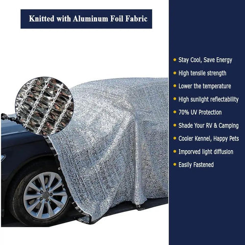 Reflective Aluminet Shade Cloth 70 Percent UV Block Heat Shield for cars, showing aluminum foil fabric detail.