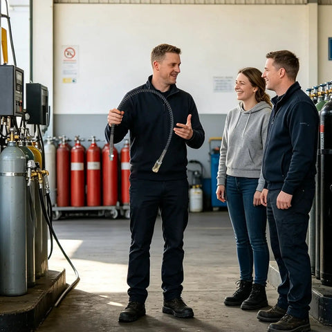 Heavy Duty 4500 PSI High Pressure Air Hose With Anti Kink Design And Solid Brass Steel Fittings For Compressor Tank Filling being discussed by three people.