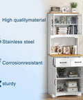 White bookshelf with stainless steel highlights, displaying books and decor with text highlighting material and design features.