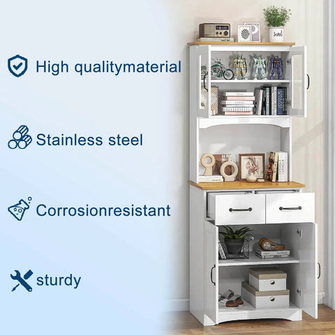 White bookshelf with stainless steel highlights, displaying books and decor with text highlighting material and design features.