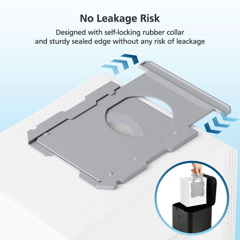 16 Pack Vacuum Bags For iRobot Roomba Series with secure fitting and no leakage risk feature shown in close-up view.