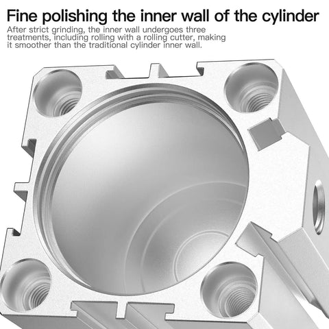 Inner view of Heavy Duty Pneumatic Clamping Cylinder With Lever Arm Two And A Half Inch Bore, showcasing smooth aluminum finish.