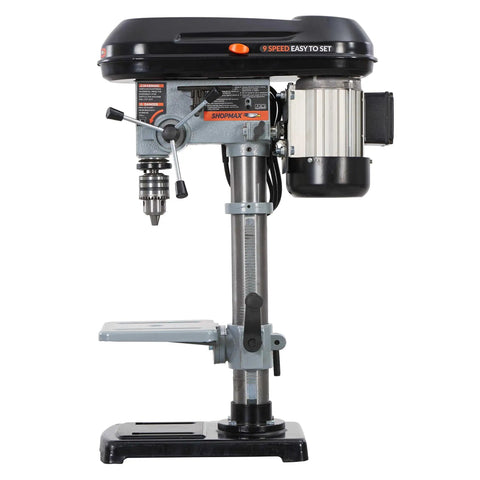 Heavy Duty Benchtop Drill Press Featuring A Spacious 10 Inch Chuck With 9 Adjustable Speeds And A Badass 5 Amp Motor, side view showing 9 speed settings.