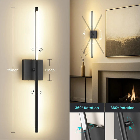 Rock Solid Rechargeable Wall Lights With 10000 Mah Battery Running Thirty To Fifty Hours On Single Charge Twenty Nine Inch Black Frame shown mounted beside a fireplace.