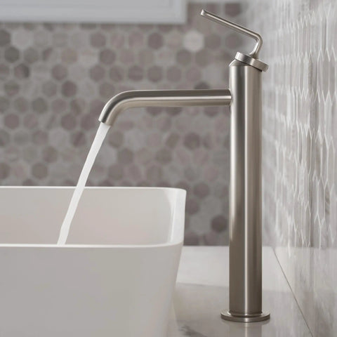 Ramus One Handle Vessel Sink Bathroom Faucet With Pop Up Drain Dope Matte Black Finish Lead Free Solid Brass Construction And Ceramic Cartridge For Leak Free Performance installed on sink