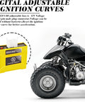 Yellow DC CDI Box High Performance Racing Part with digital adjustable 9 ignition curves next to an ATV bike.