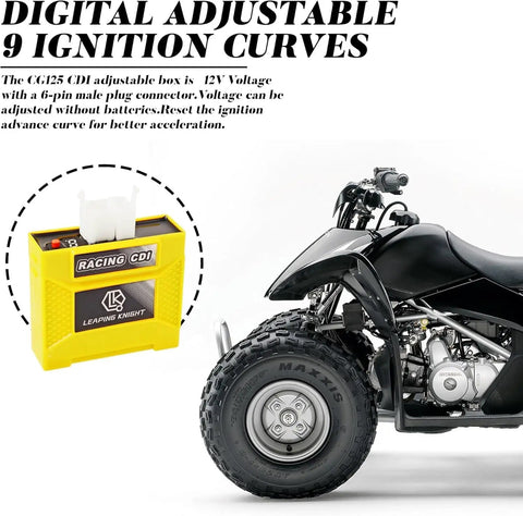 Yellow DC CDI Box High Performance Racing Part with digital adjustable 9 ignition curves next to an ATV bike.