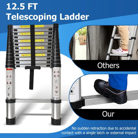 12.5 Foot Telescoping Aluminum Ladder with close-ups showing one button retraction and foot grip in use, lightweight and rust-resistant.