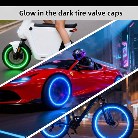 Glow In The Dark Tire Valve Caps 20 Pack Fluorescent Valve Stem Caps Blue For Cars SUVs Bikes Motorcycles Trucks Universal Fit Night Visibility Cool Gift Idea displayed on vehicles.