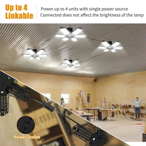 Workshop with Two Pack 185W LED Garage Lights Plug In Black Hanging Shop Light With 6 Adjustable Foldable Panels