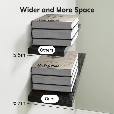 Comparison of two wall floating shelves showing width difference, part of Wall Mounted Rustic Wood Shelves for Bathroom, Bedroom, Living Room, Kitchen, Hanging Shelf for Books/Storage/Room Decor with 22lbs Capacity (Black, Set of 3, 15.7in)