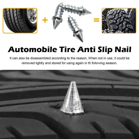 Heavy Duty Tire Studs 6Mm X 27Mm Steel Snow Spikes 100 Pack Boss Level Grip For Cars Trucks ATVs Motorcycles close-up on tire with stud