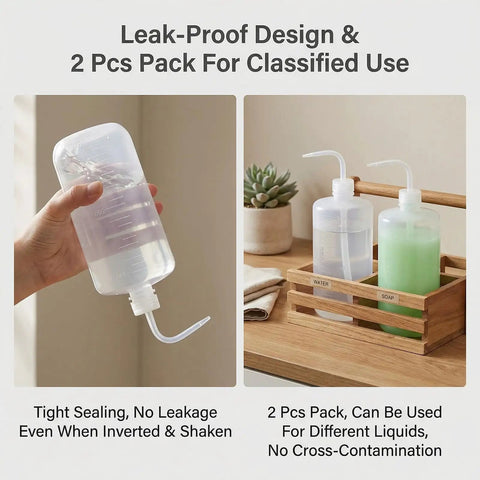 Set Of Two 34 Oz Plastic Wash Bottles Serving Up A Real Deal Squeeze Experience For Tattoo Pros And Lab Techs Featuring Sleek Narrow Spouts Rock Solid Construction And Top Shelf Measurement Marks On Each Vessel, showing hand holding a bottle and two bottles on holder.