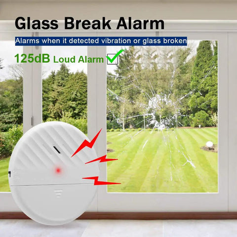 Ultra Slim Wireless Glass Break Alarm Kit With 125dB Siren placed by window detecting glass breakage with a visual alarm indicator