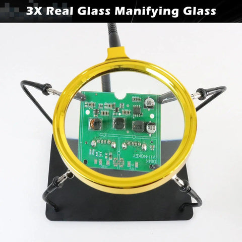 Helping Hands Soldering Station With 3X Magnifying Glass, electronic circuit under magnifier for precise repairs