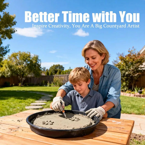 Mother and child using 8 Piece Round Stepping Stone Molds For Concrete Easy DIY Paver Molds with 11.8 inch diameter in a garden.