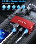 Rig Certified 148W Nine Port Cigarette Lighter Splitter With Pd 30W Qc 3.0 Fast Charge Hub, red multi-port car charger.