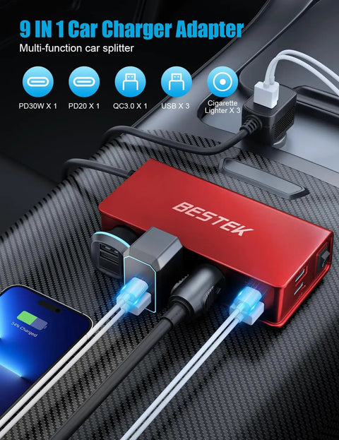 Rig Certified 148W Nine Port Cigarette Lighter Splitter With Pd 30W Qc 3.0 Fast Charge Hub, red multi-port car charger.