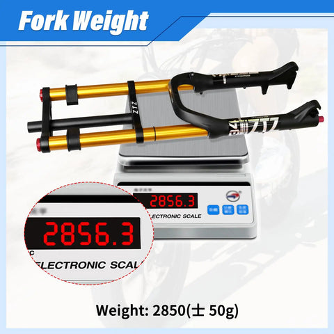 Beefy Fat Tire Front Fork With Air Suspension 180mm Travel 135mm Hub on scale showing 2856.3g weight