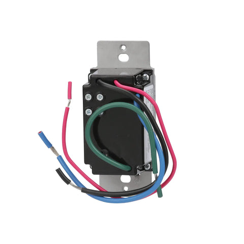 Back view of 7 Day In Wall Digital Timer Switch For Lights And Appliances With wiring, showing metal bracket and color-coded wires.