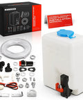 Top Shelf Universal Windshield Washer Pump And Fluid Reservoir Tank Bottle Kit With Slick 12 Volt Motor, installation manual and parts displayed.