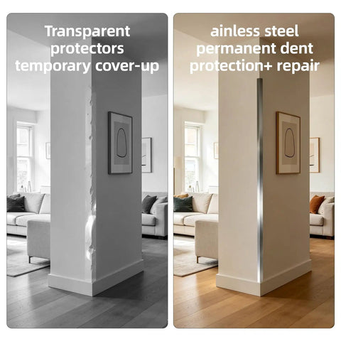 Heavy Duty 304 Stainless Steel Wall Corner Guards 1X1X48 Inches Six Pack showing a dented wall repair with stainless steel cover.