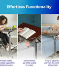 Height Adjustable Overbed Table With Straight Up Sturdy L Shaped Welded Steel Base And Smooth Rolling Precision Lock Casters legit durable hospital or home use waterproof tray surface supports thirty pounds easily in use by wheelchair and bedside.
