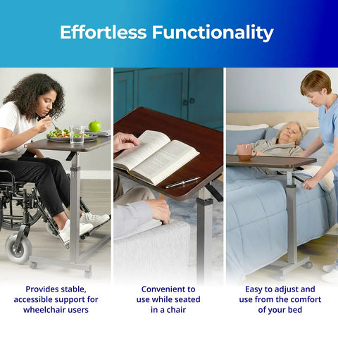 Height Adjustable Overbed Table With Straight Up Sturdy L Shaped Welded Steel Base And Smooth Rolling Precision Lock Casters legit durable hospital or home use waterproof tray surface supports thirty pounds easily in use by wheelchair and bedside.