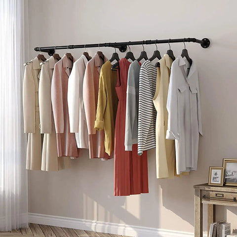 Heavy Duty Industrial Pipe Clothes Rack Wall Mounted With Double Pole Hanging Rod For Laundry Room And Closet A Strong Iron Garment Bar Space Saver For Small Rooms with clothing displayed