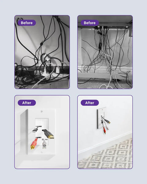 Before and after of In-Wall Cable Management Brush Wall Plate Kit With Low-Voltage Mounting Box For Wall-Mount TV Hiding HDMI And Ethernet.