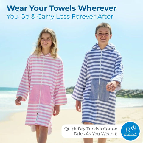 Kids wearing Ultra Soft Turkish Cotton Kids Bathrobe And Hooded Towel Poncho with Zip Up and Pockets at beach