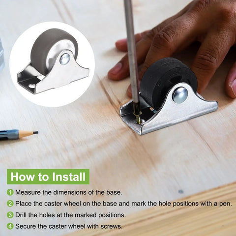 Installation guide for Smooth As Butter Mini Plate Casters 10 Pack Brown Nylon Wheels with steel base on wood.