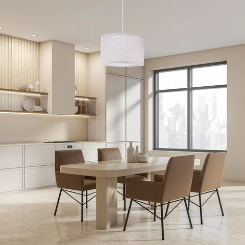 Game Changing Plug In Pendant Light With Adjustable Fifteen Foot Rope Cord And Chill Linen Fabric Shade On Off Switch hanging in modern dining area.