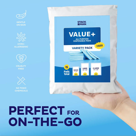 Ultra Absorbent Disposable Adult Underpads Variety Pack Featuring Quilted Top Sheet For Sure Fire Leak Defense And Zero Odor Worry Keep You Comfy And Protected Straight Up All Night Long in hand, showing 3 sizes.