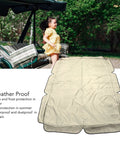 Beige Outdoor Swing Canopy Top Replacement Cover For Porch And Patio Yard Chair, displayed in garden with child, showing waterproof fabric.