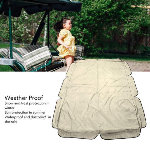 Beige Outdoor Swing Canopy Top Replacement Cover For Porch And Patio Yard Chair, displayed in garden with child, showing waterproof fabric.