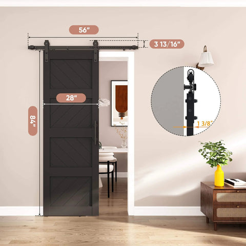 Slim 28 By 84 Inch Wave Shape Black Sliding Barn Door With Hardware Kit, shown installed in a modern room setting