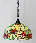 Tiffany Style Stained Glass Pendant Light Plug In Swag Lamp With 32 Inch Chain And 15 Foot Cord For Cozy Dining Room Or Living Room Vibe Red Green Floral Glass Shade 12 Inch Wide showing red and green floral pattern.