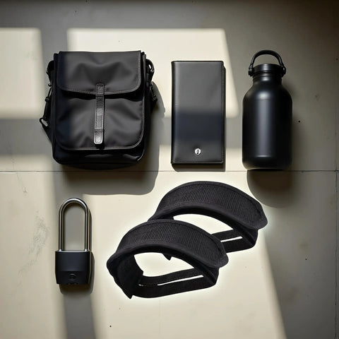 Two Pack Pedal Straps With Toe Clips For Fixed Gear And Kids Bikes Heavy Duty Beam Material shown with bag and lock