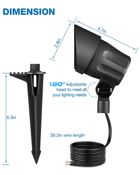 Dimensions of 12 Pack Low Voltage Landscape Lights Kit 6W LED Warm White 3000K Outdoor Garden Spotlights With Aluminum Housing Waterproof CRI 90 Detachable Anti Glare Net And Connectors Great For Yard Trees And Walls