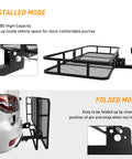 Foldable 60x24x6 Inch Hitch Carrier Basket For 2 Inch Receiver With 500 Lb Capacity in installed and folded modes.