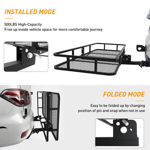 Foldable 60x24x6 Inch Hitch Carrier Basket For 2 Inch Receiver With 500 Lb Capacity in installed and folded modes.